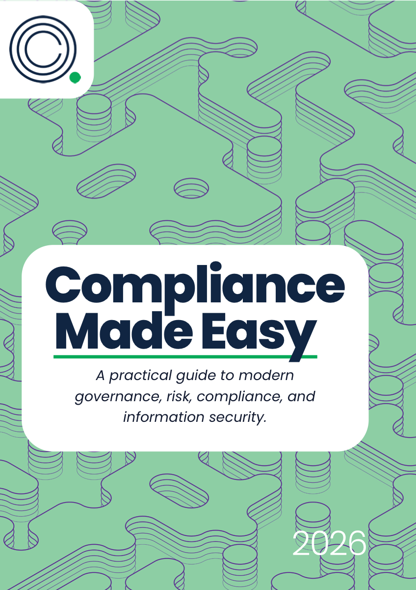 Omslag till Compliance Made Easy av Compeas — en praktisk guide till modern styrning, riskhantering, regelefterlevnad och informationssäkerhet