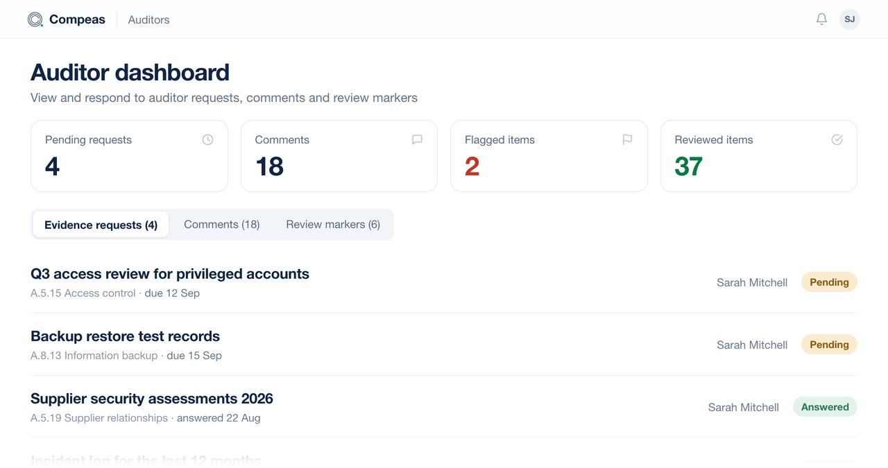 Compeas auditor dashboard for the audited organisation &mdash; evidence requests tied to ISO 27001 controls, with due dates and status